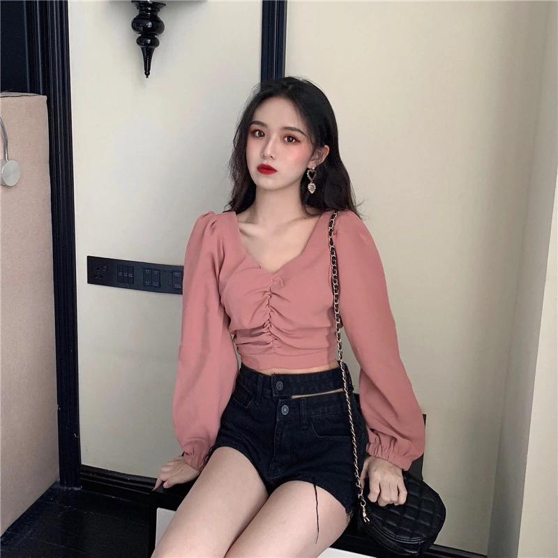 Bubble sleeve temperament V-neck shirt