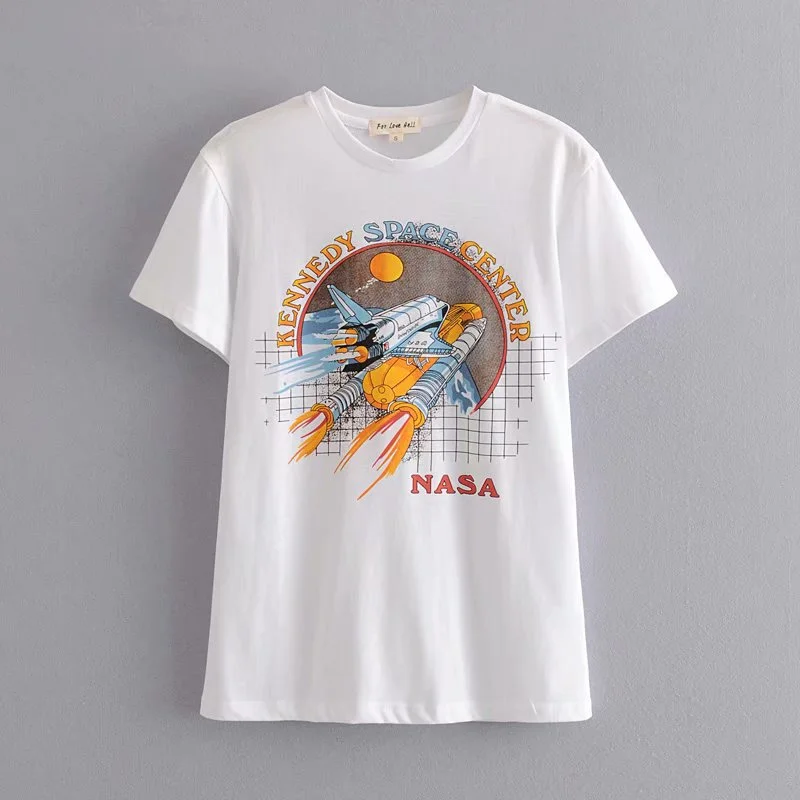 Spaceship printed loose short sleeve T-shirt