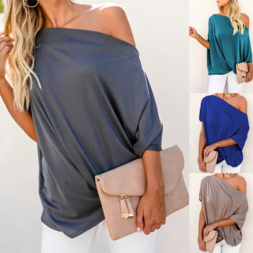 Pleated solid color sexy loose shoulder ladies T-shirt