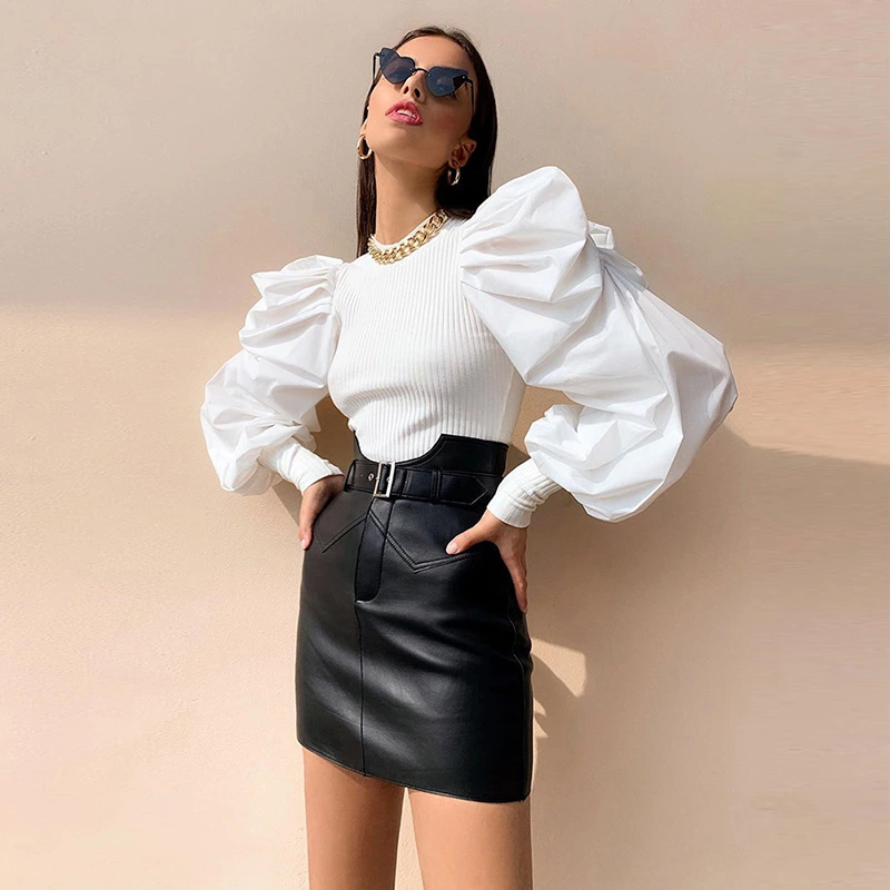 Puff sleeve long sleeve slim bottoming top