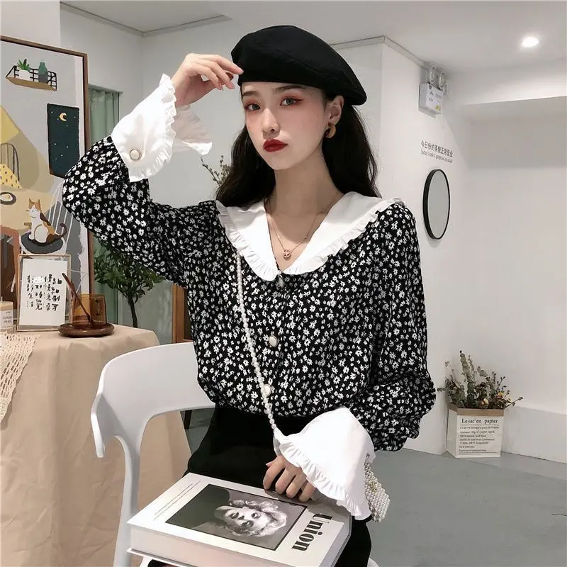 Floral Shirt Loose Wood Ears V-neck Flared Long Sleeves