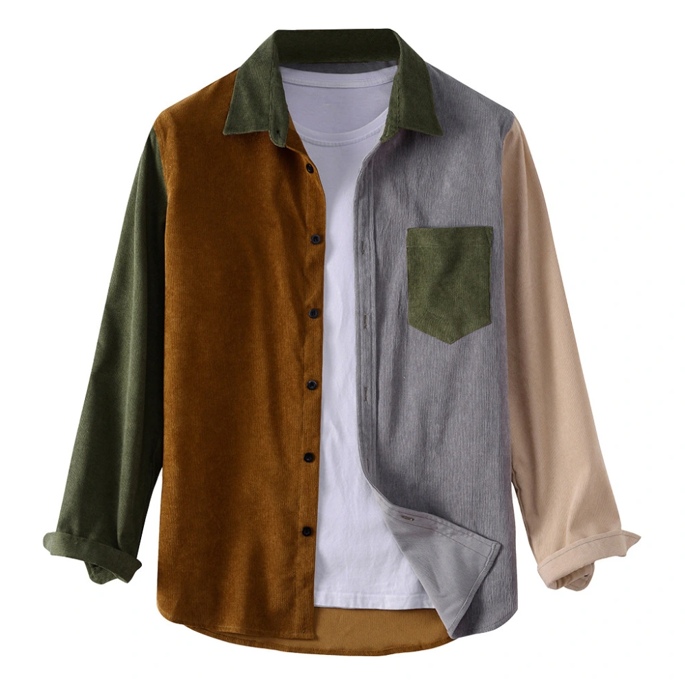 Corduroy color block long sleeve chest pocket shirt