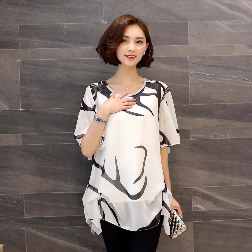 Long chiffon shirt loose short sleeves