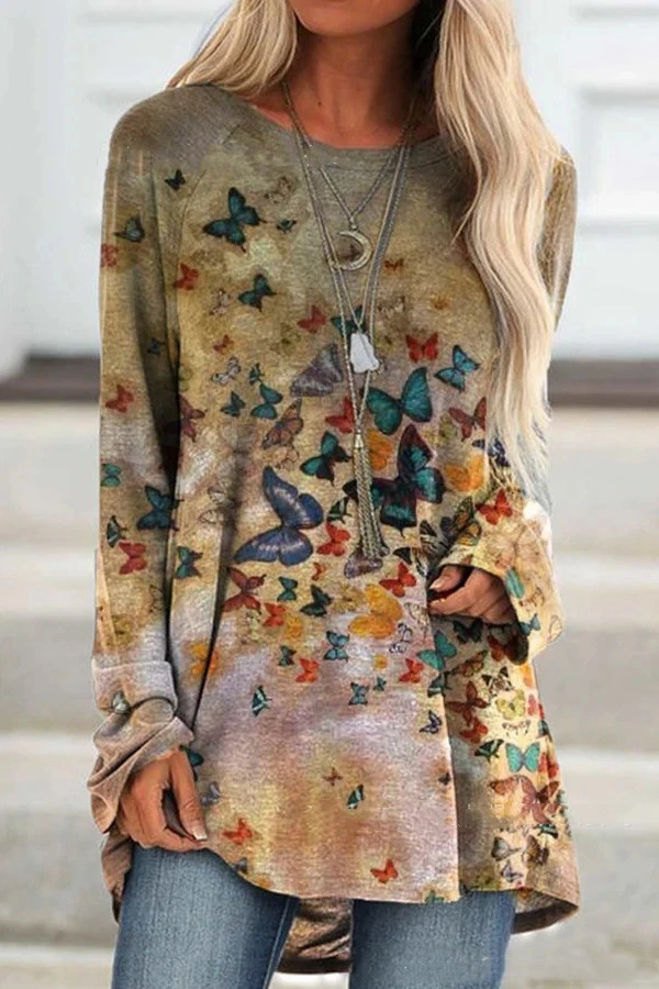 Retro butterfly print gradient long-sleeved T-shirt