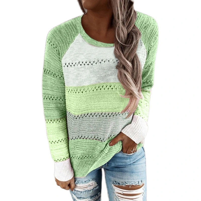 Round Neck Long Sleeve Pullover Color Block Sweater