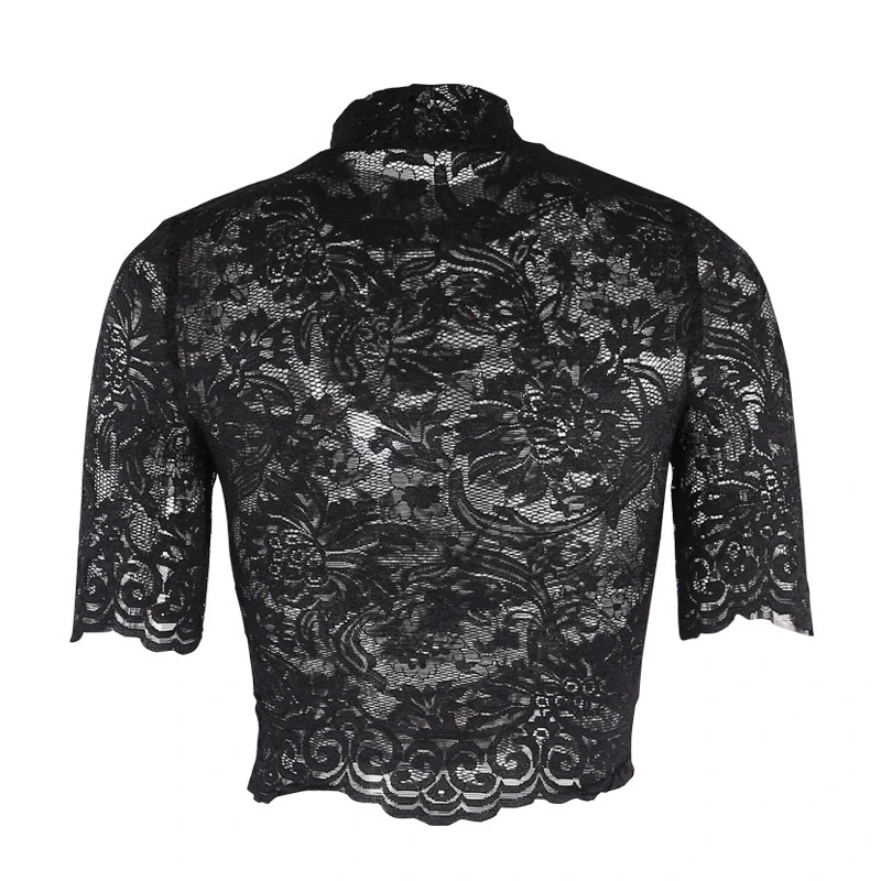 Mid-sleeve Sexy All-match Lace Shirt See-through High Collar