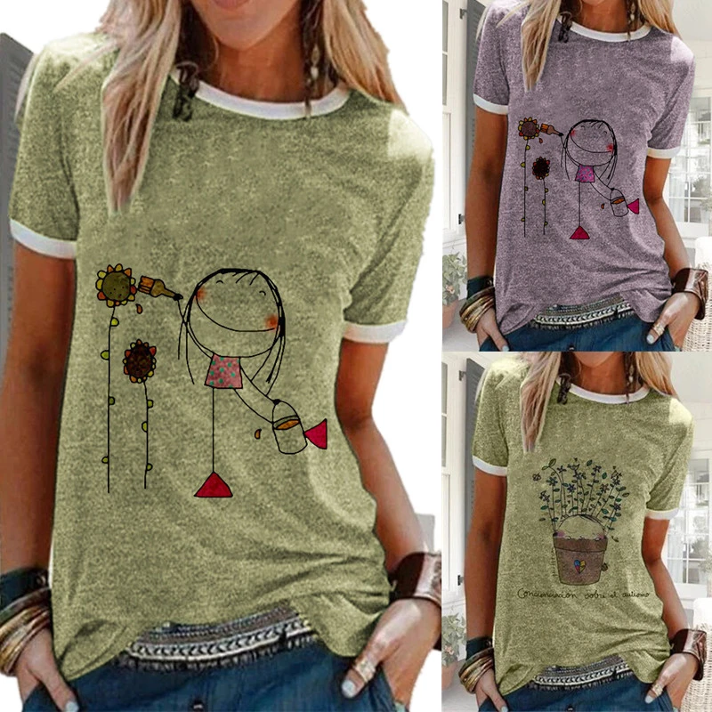 Cartoon Print Girl Sunflower Flower Cotton Linen Short Sleeve