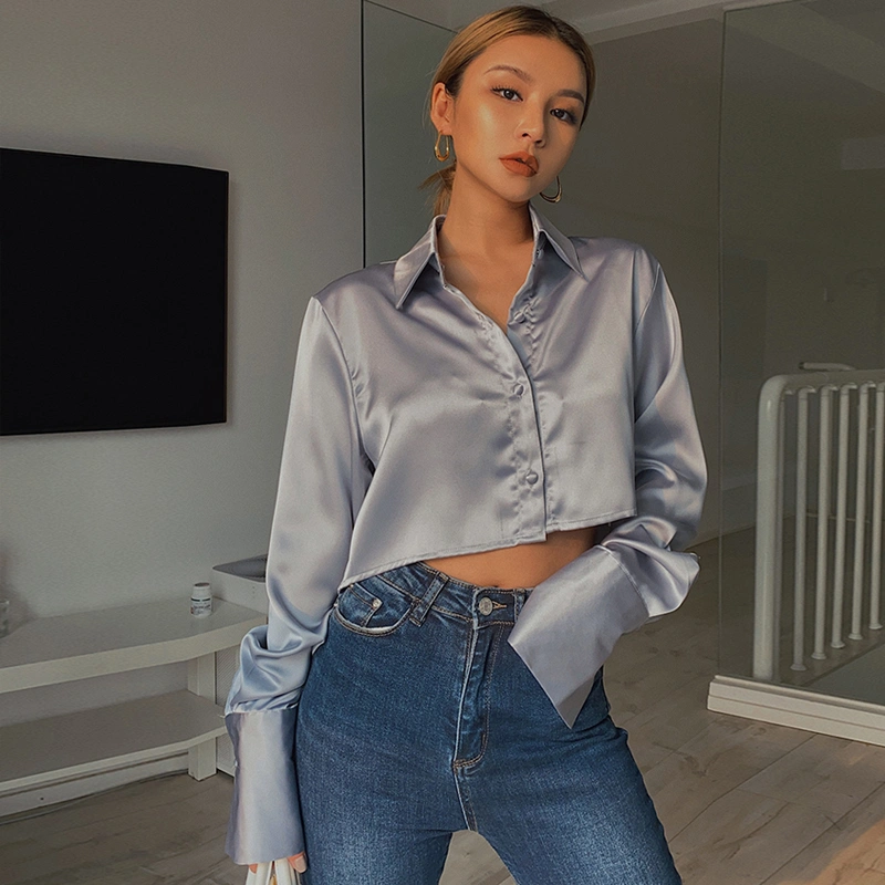 Satin Glossy Vintage Blue Drape Long Sleeve Shirt