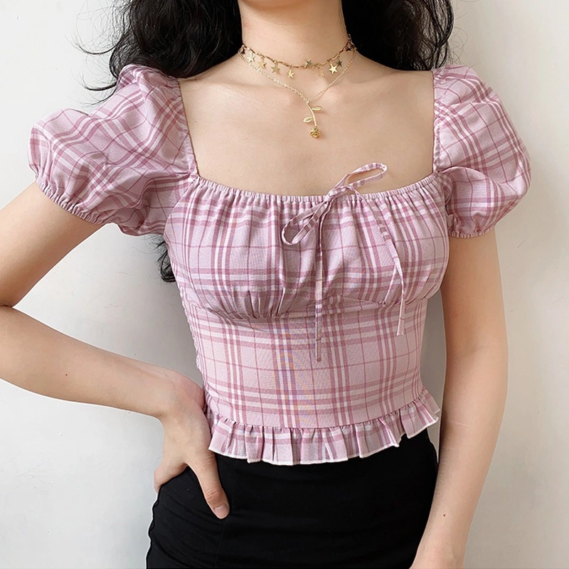 Square Neck Puff Sleeve Ruffled Plaid Short Sleeve Shirt