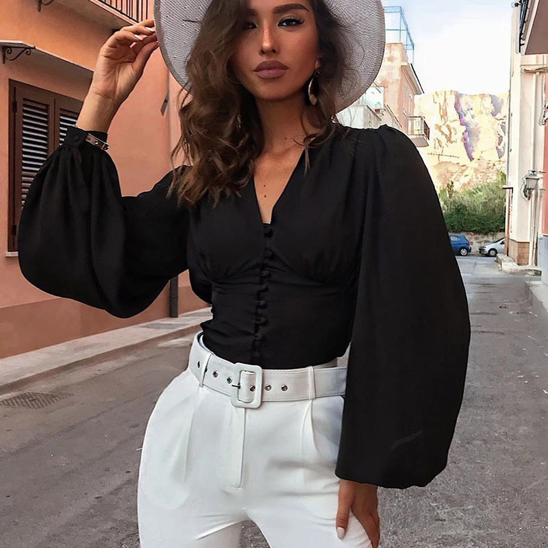 Solid Color V-neck Button Long Sleeve Puff Sleeve Slim T-shirt