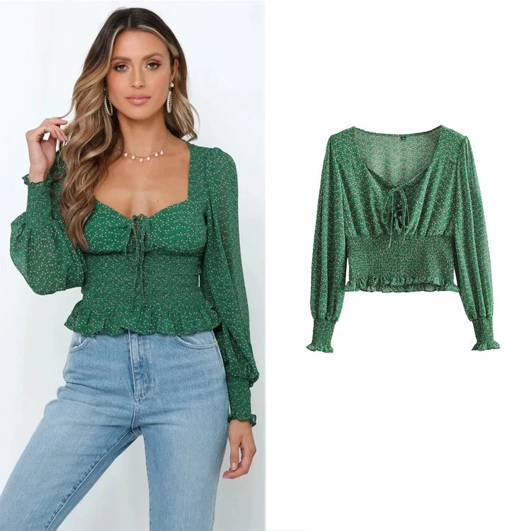 Women's Sexy Show Chest Fashion Print Short Chiffon Shirt Early Autumn