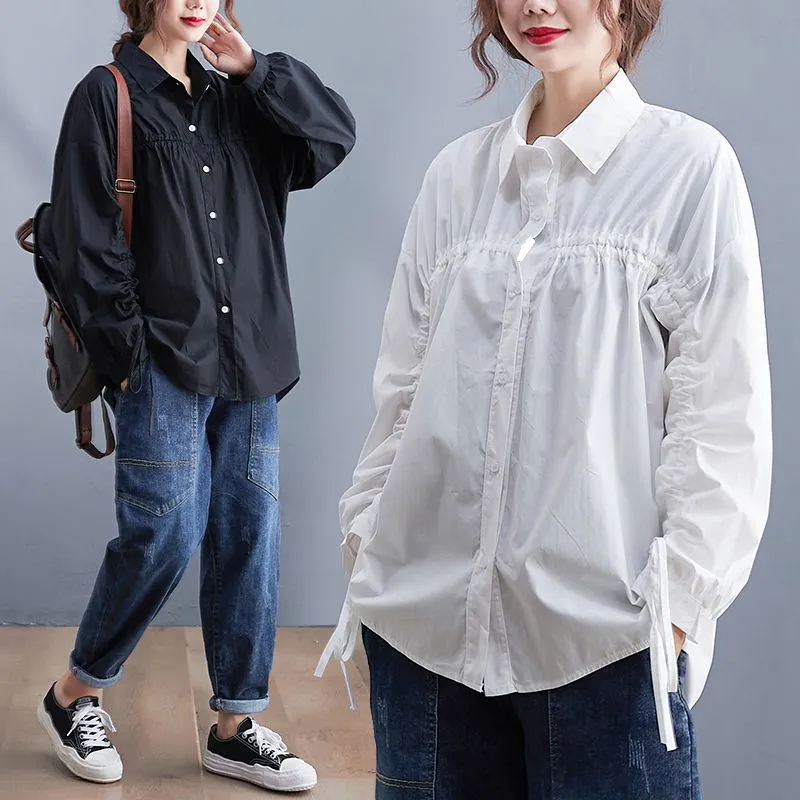 Women's Blouse Loose Waist Thick Belly Hidden Meat Crimped Shirt