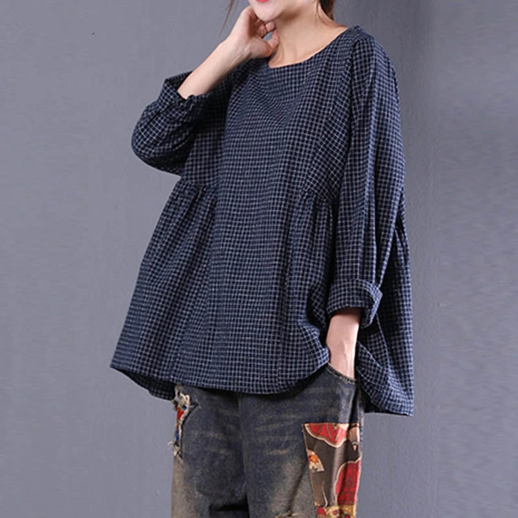 Cotton And Linen Long-Sleeved T-Shirt Fine Plaid Pleated Plus Size Top