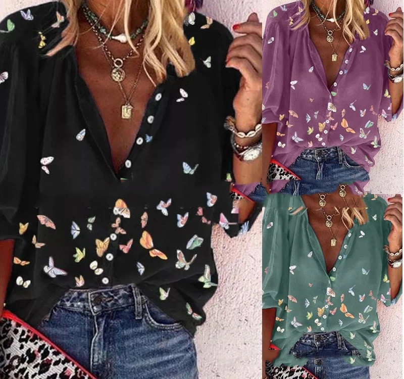 Elegant Butterfly Print V-neck Shirt