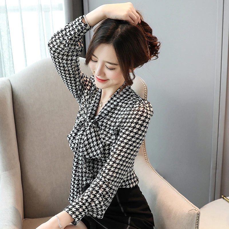 Bowknot Chiffon Shirt Women's Long-Sleeved Houndstooth