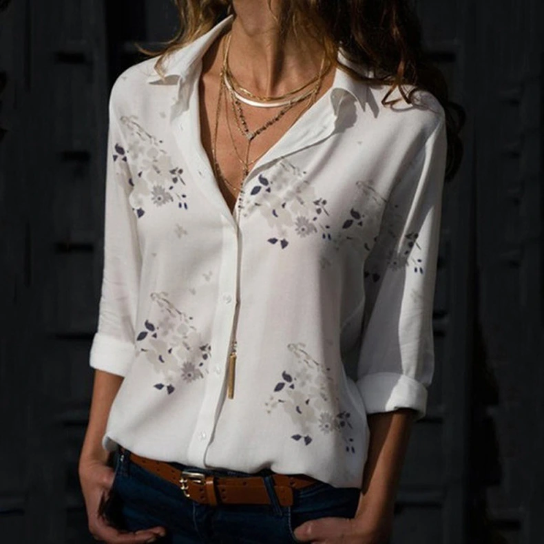 Ladies Loose Women's Shirt Long Sleeve V-Neck Printed Shirt