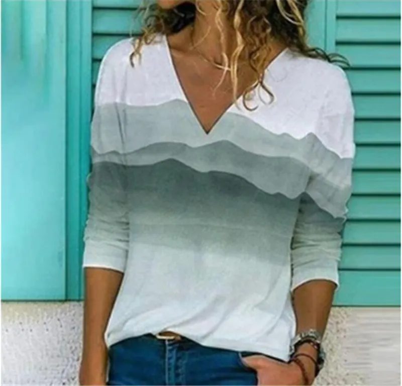 Printed Long-sleeved Loose Blue thin V-neck Bottoming Shirt