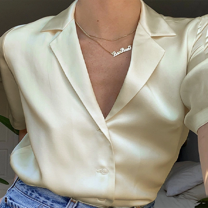 European And American Satin Solid Color Buttoned Shirt Top