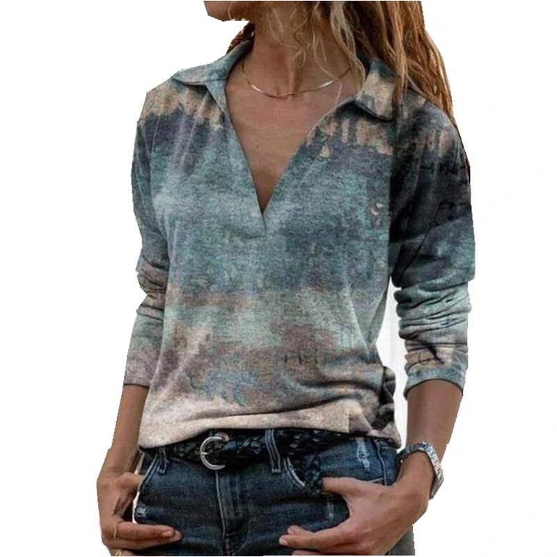 Printed Long-sleeved V-neck Urban Casual Pullover Top