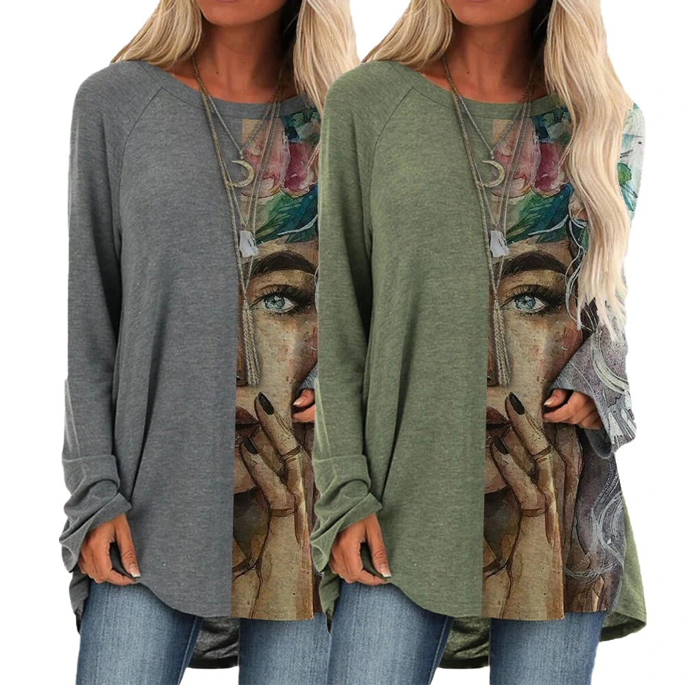 Round Neck Pullover Long Sleeves Loose Urban Casual Printed Mid-Length T-Shirt
