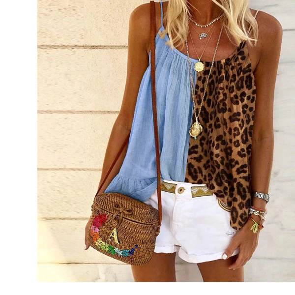 Ladies Leopard Print Stitching U-Neck Strap Chiffon Shirt