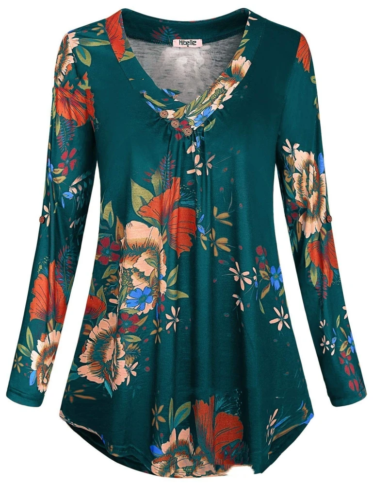 Plus Size Women's Printed V Neck Long Sleeved T Shirt