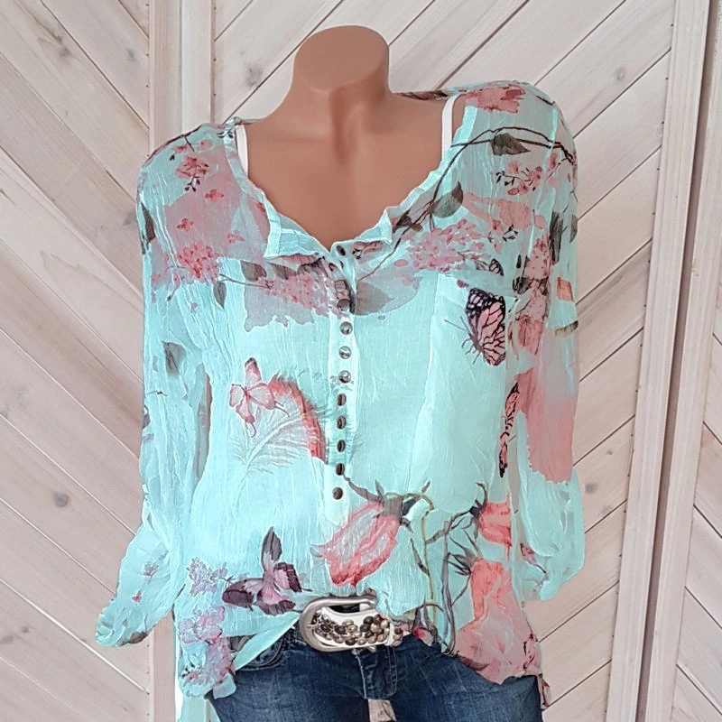 Printed Long-sleeved V-neck Button Top Chiffon Shirt
