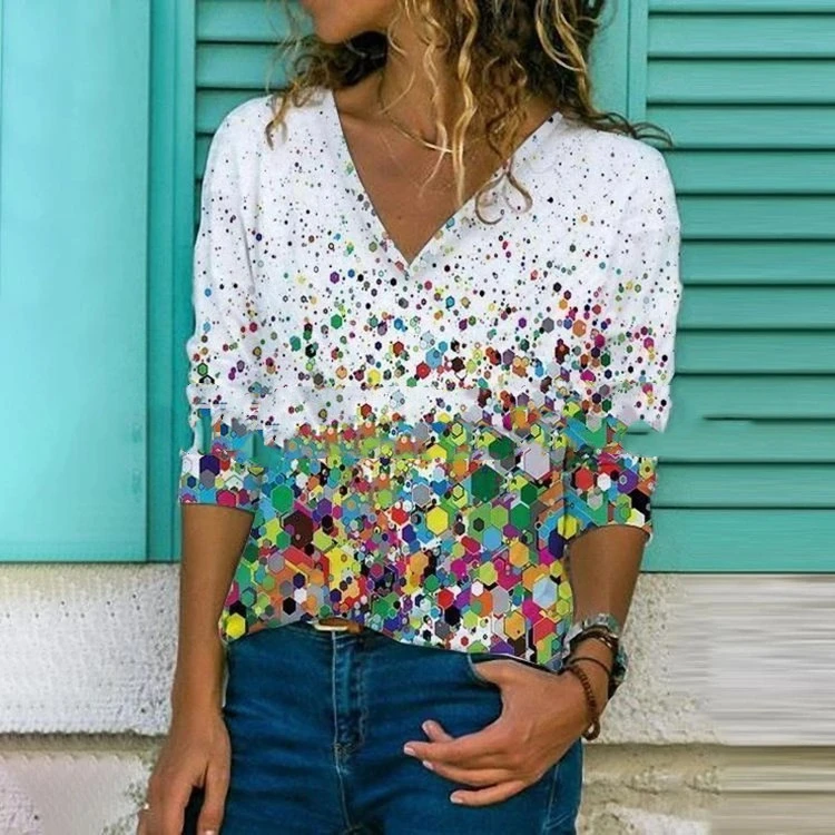 Loose Ladies V Neck Long Sleeved T Shirt Top