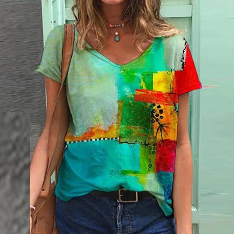 Colorful Print V-neck Pullover Women's Short-sleeved T-shirt