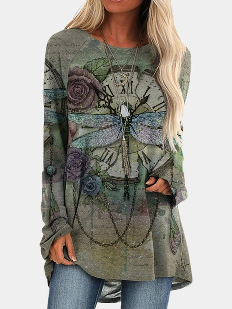 Women's Fashion Loose Round Neck Digital Printing Long Sleeve Top