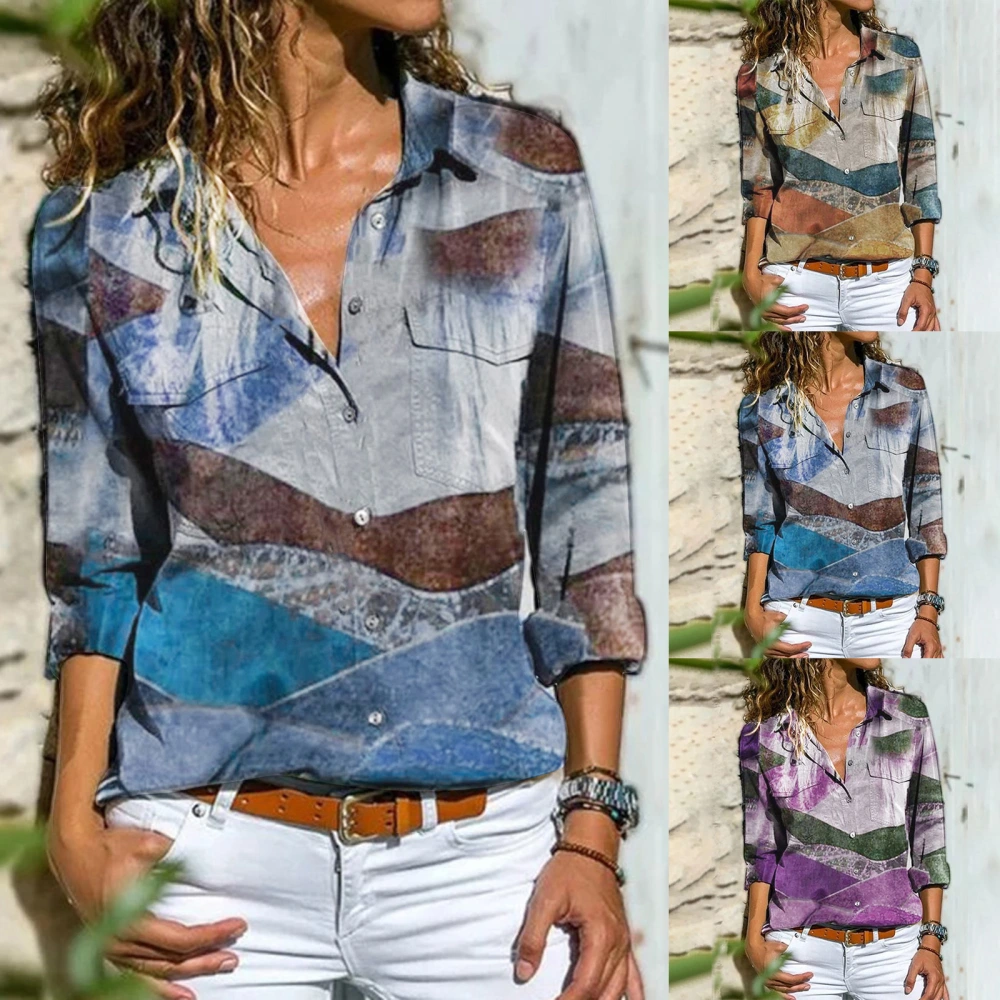 Multicolor Plus Size Printed Loose Button Lapel Shirt