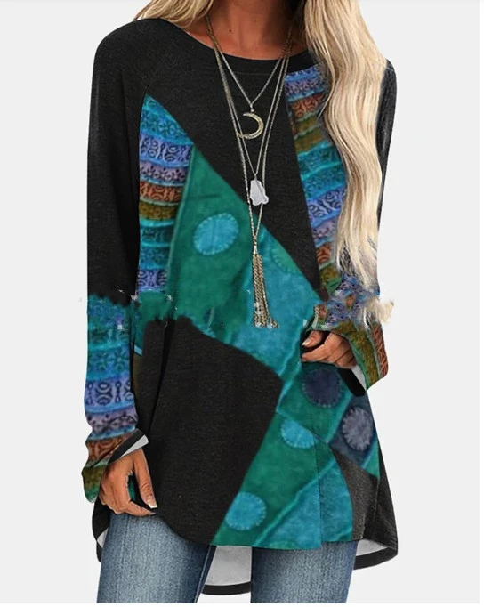 Geometric Print Loose Round Neck Long Sleeves