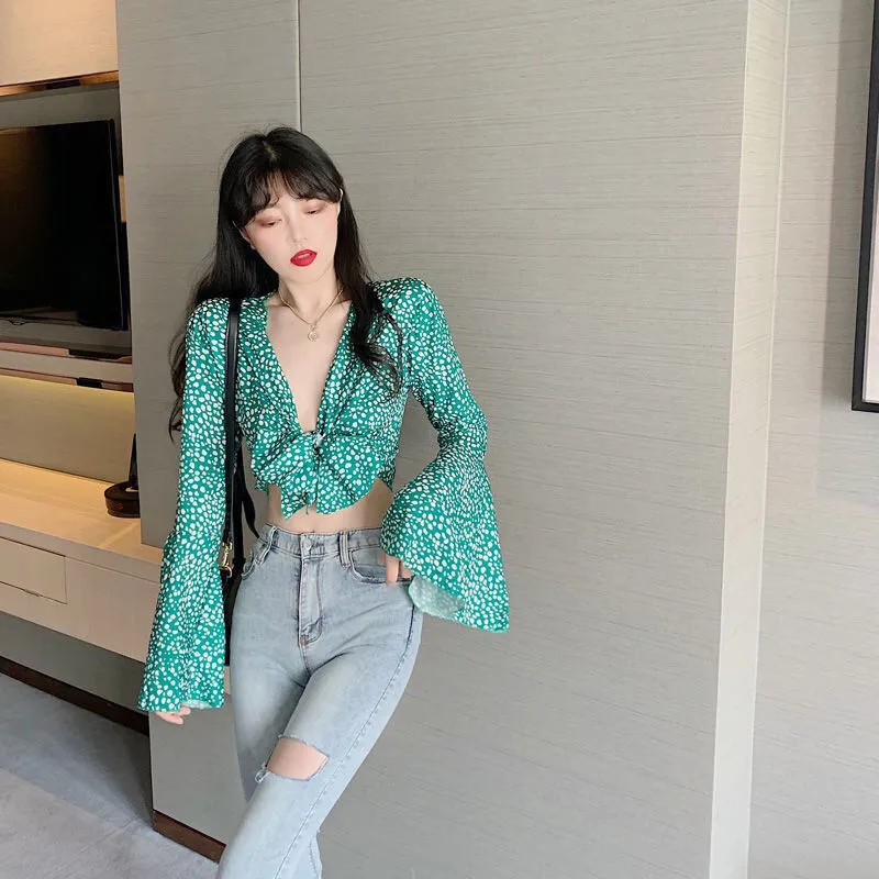 French V-neck Floral Long Sleeve Chiffon Shirt