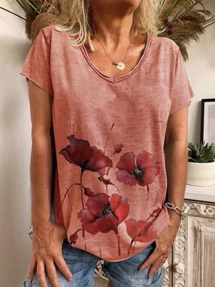 Summer V-neck Short-sleeved Printed Cotton Shirt