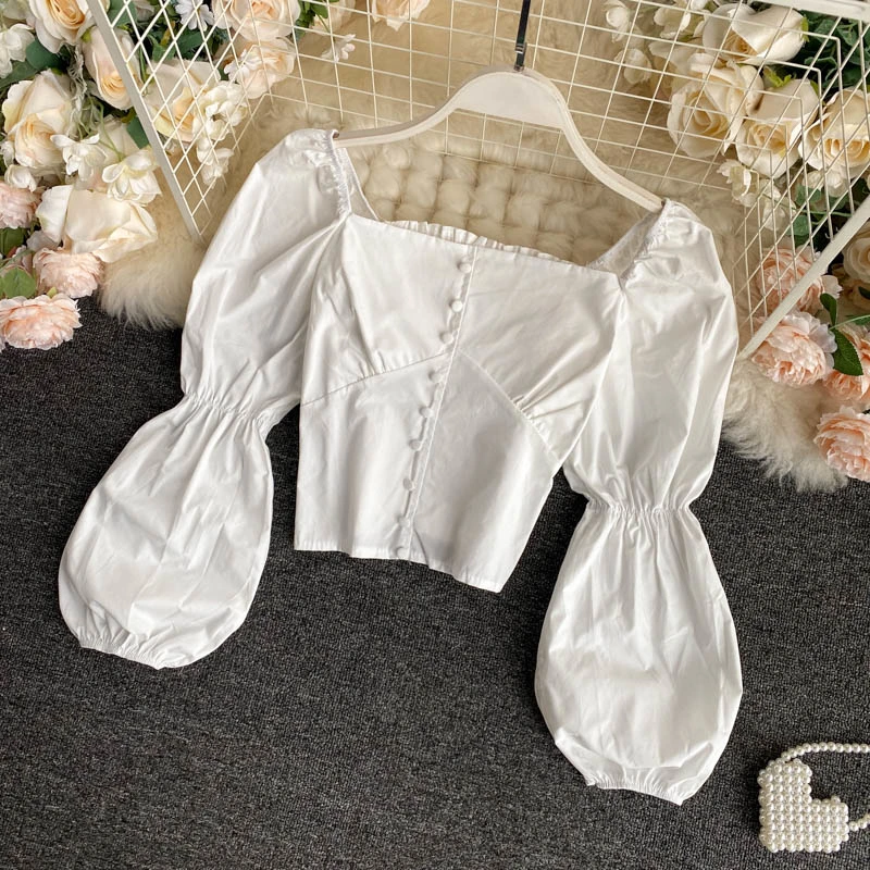 French Square Collar Single-breasted Buttoned Shirt with Clavicle
