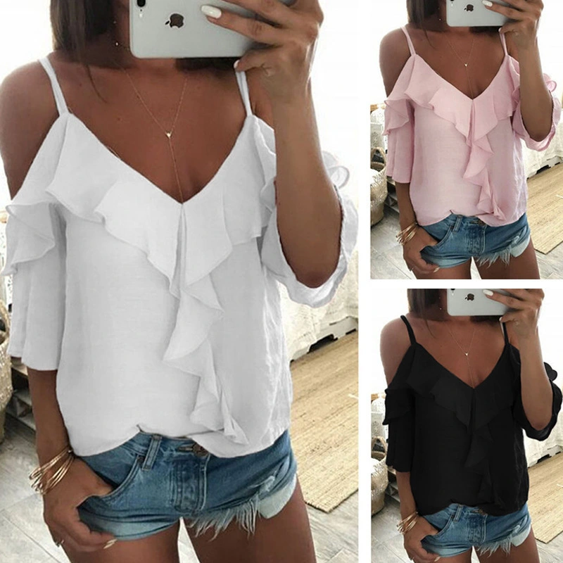 Sexy Sling Halter Ruffled Blouse Women's T-shirt