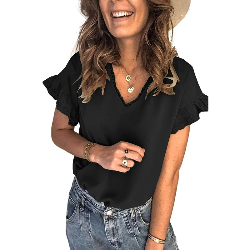 Lace v-neck Short-sleeved Top With Wood Ears