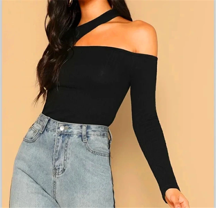 Oblique Strapless Long Sleeved Bottoming Shirt Women's Slim Pullover Top