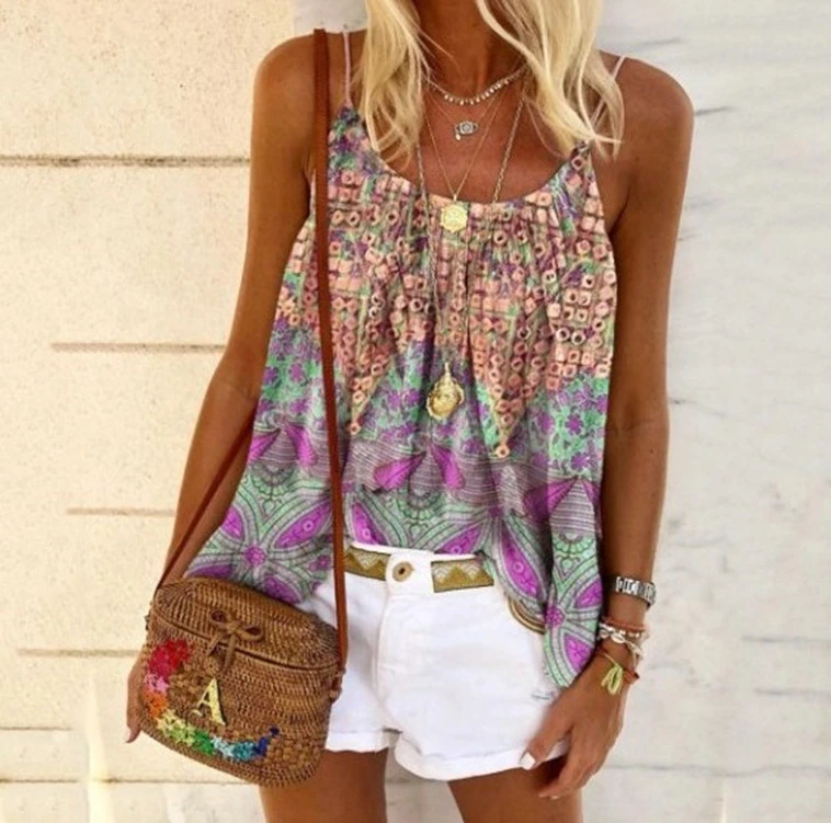 Women's Fashion Casual Camisole Loose Printed Cotton T Shirt