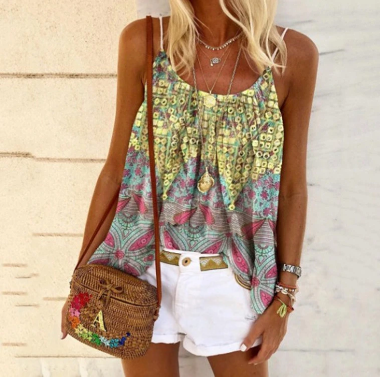 Women's Fashion Casual Camisole Loose Printed Cotton T Shirt