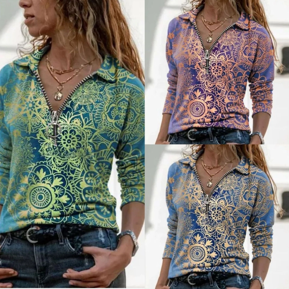 European And American Hot-Selling Printed Lapel Long-Sleeved t-Shirt