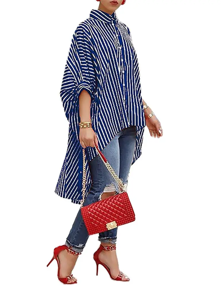 Striped Print Casual Shirt With Large Skirt