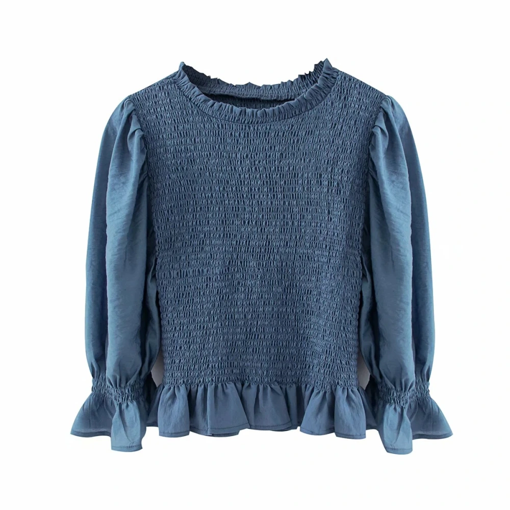 Retro Blue Suit, Puff Sleeve Pleated Top  Irregular Pleated Lotus Leaf Skirt
