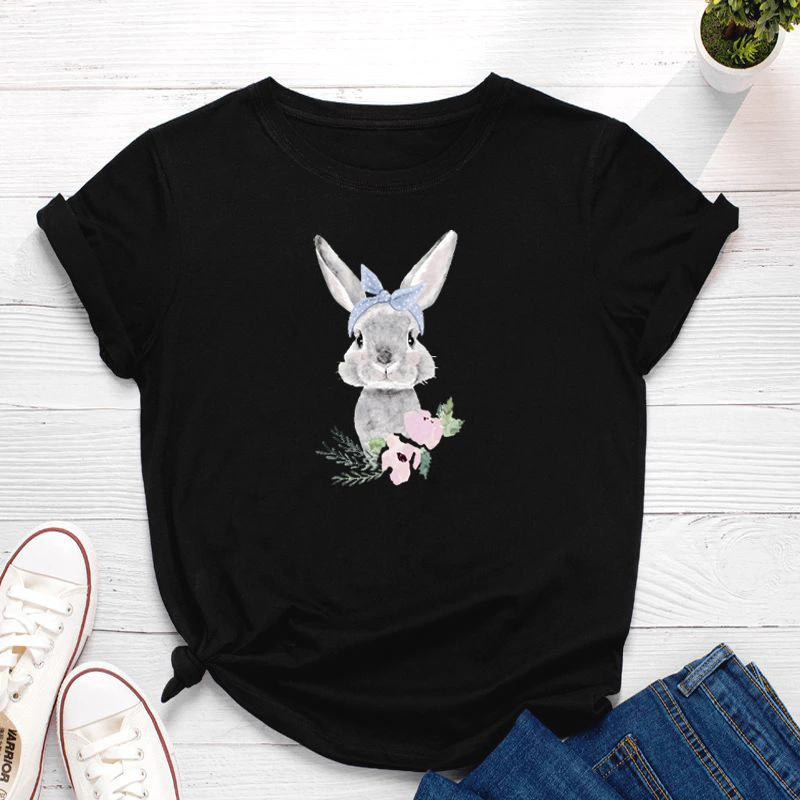 Wish Ebay Hot European And American Casual Cute Rabbit Women's T-Shirt Round Neck Short-Sleeved Female T Pure Cotton