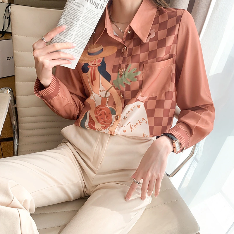 Check Color Block Suede Ins Printed Shirt