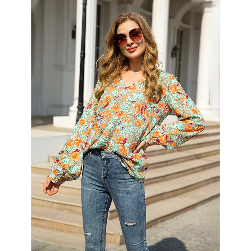 Long Sleeve Pullover V-Neck Printed Loose Shirt