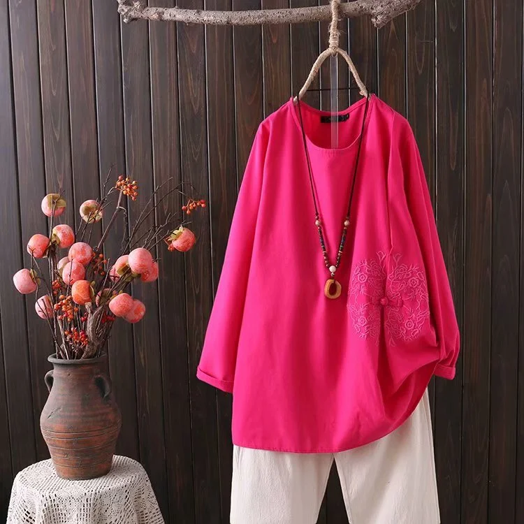 Womens Loose Large Cotton And Linen Embroidery Chinese Shirt