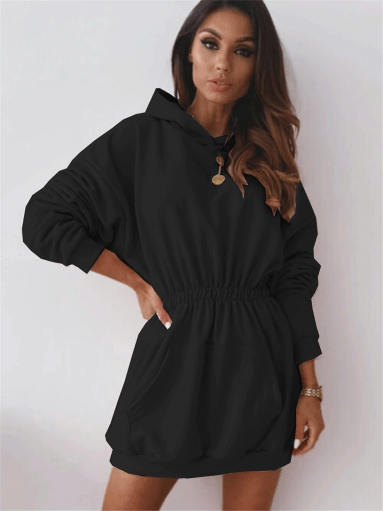 Hooded Long-sleeved Waist Padded Sweater Dress