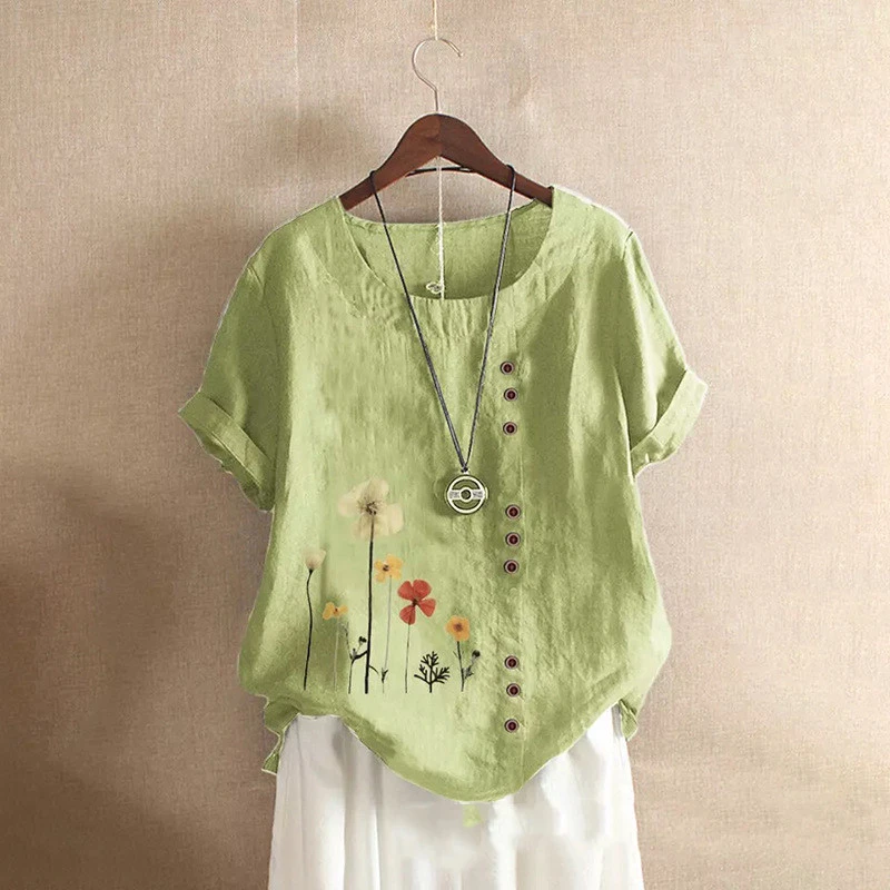 Women's Loose Short Sleeved Literary Linen Pullover Printed Cotton T Shirt