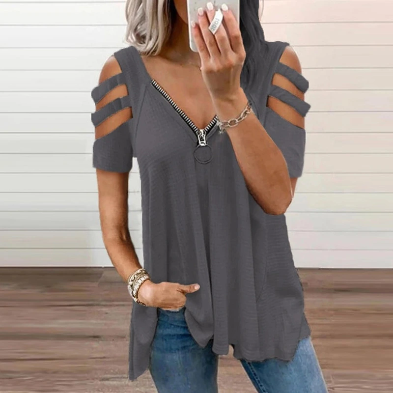 Low-cut Zipper Solid Color Short-sleeved T-shirt With Shoulder Straps